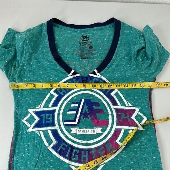 American Fighter Tee Shirt Womens XL Blue Green Y2K Punk Graphic Grunge Rocker - Picture 8 of 10